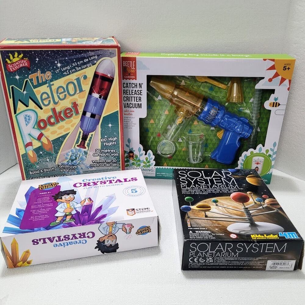 STEM Science Toy Lot – Rocket, Planetarium, Crystals, Bug Vacuum – 4 NEW Kits fo